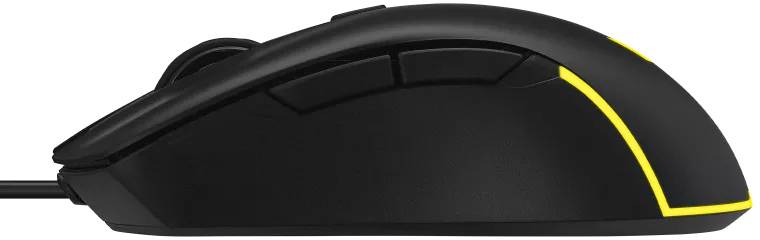 Schwarze Gaming-Maus mit gelben Akzenten, seitliche Ansicht, zeigt ergonomisches Design und zusätzliche Seitentasten.