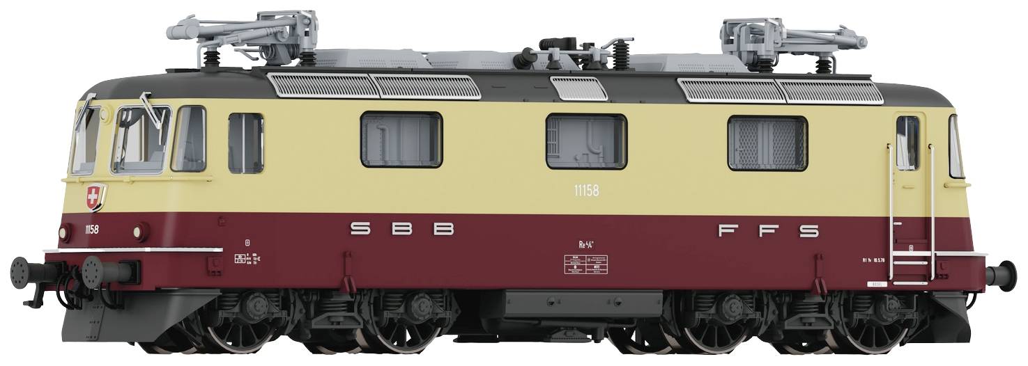 Eine beige und weinrote Lokomotive der SBB, seitliche Ansicht. Sie trägt das SBB-Logo und ist mit technischen Details oben ausgestattet.