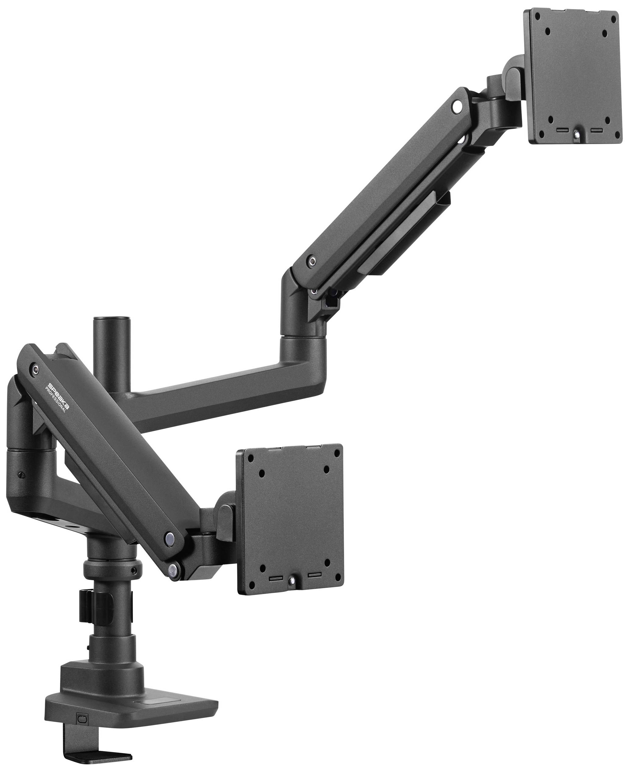 Ein verstellbarer Monitorarm mit zwei Halterungen, montiert auf einem Schreibtisch, ermöglicht flexible Bildschirmpositionierung.
