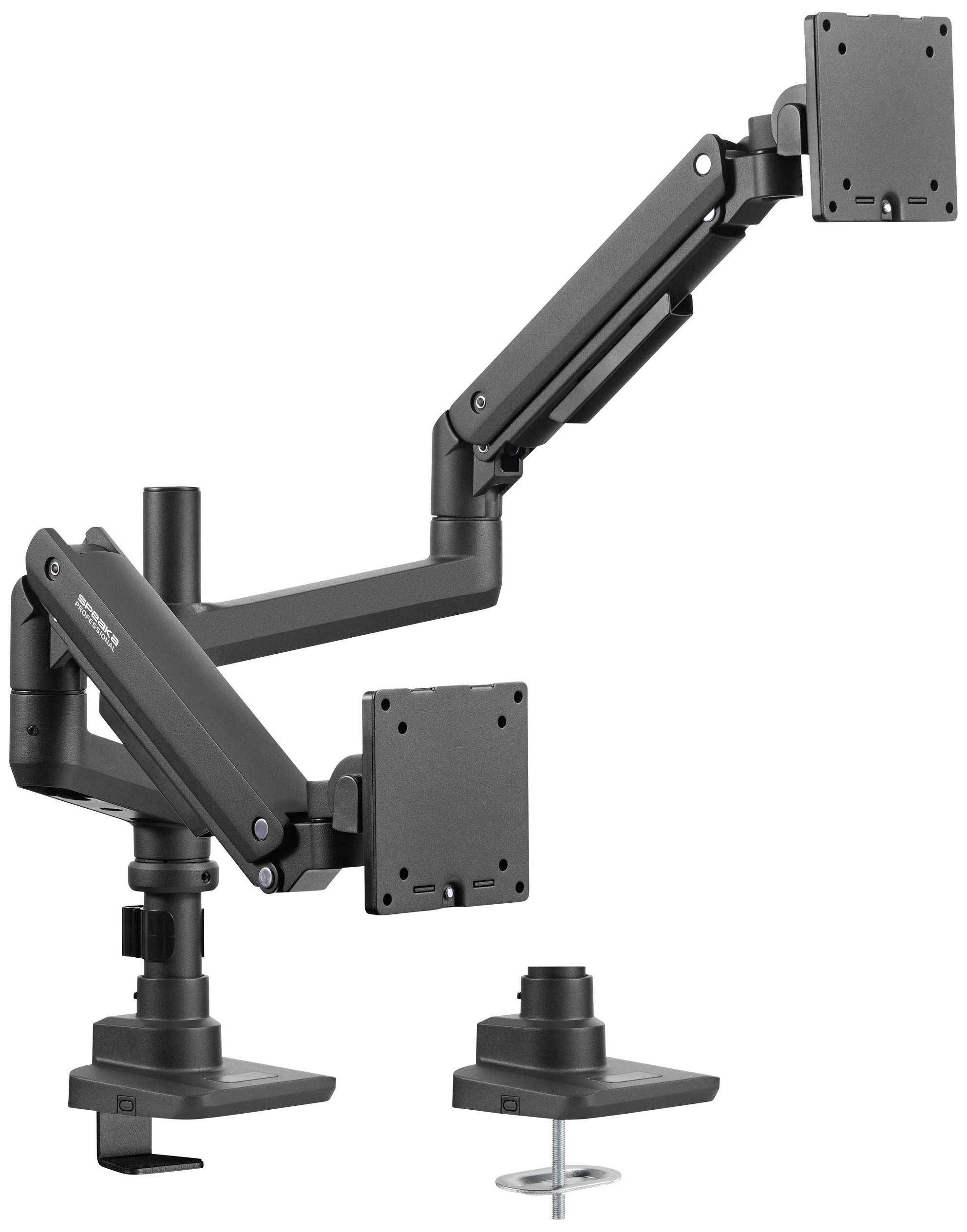 Ein verstellbarer, schwarzer Monitorarm mit zwei Befestigungsoptionen: Tischklemme und Durchtisch-Montage.