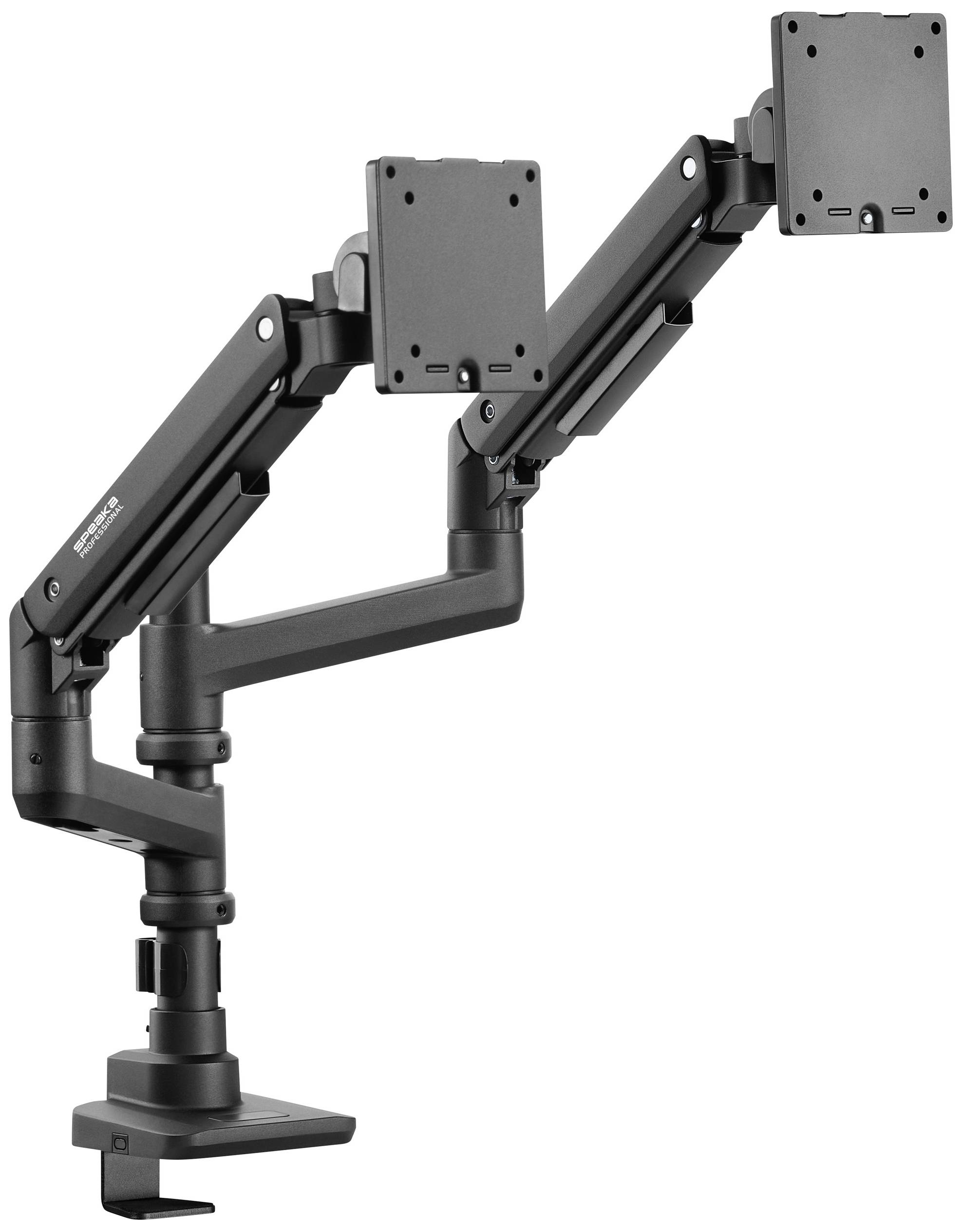 Ein verstellbarer, schwarzer Doppelmonitor-Arm, der auf einem Schreibtisch montiert wird, zur Unterstützung von zwei Bildschirmen.