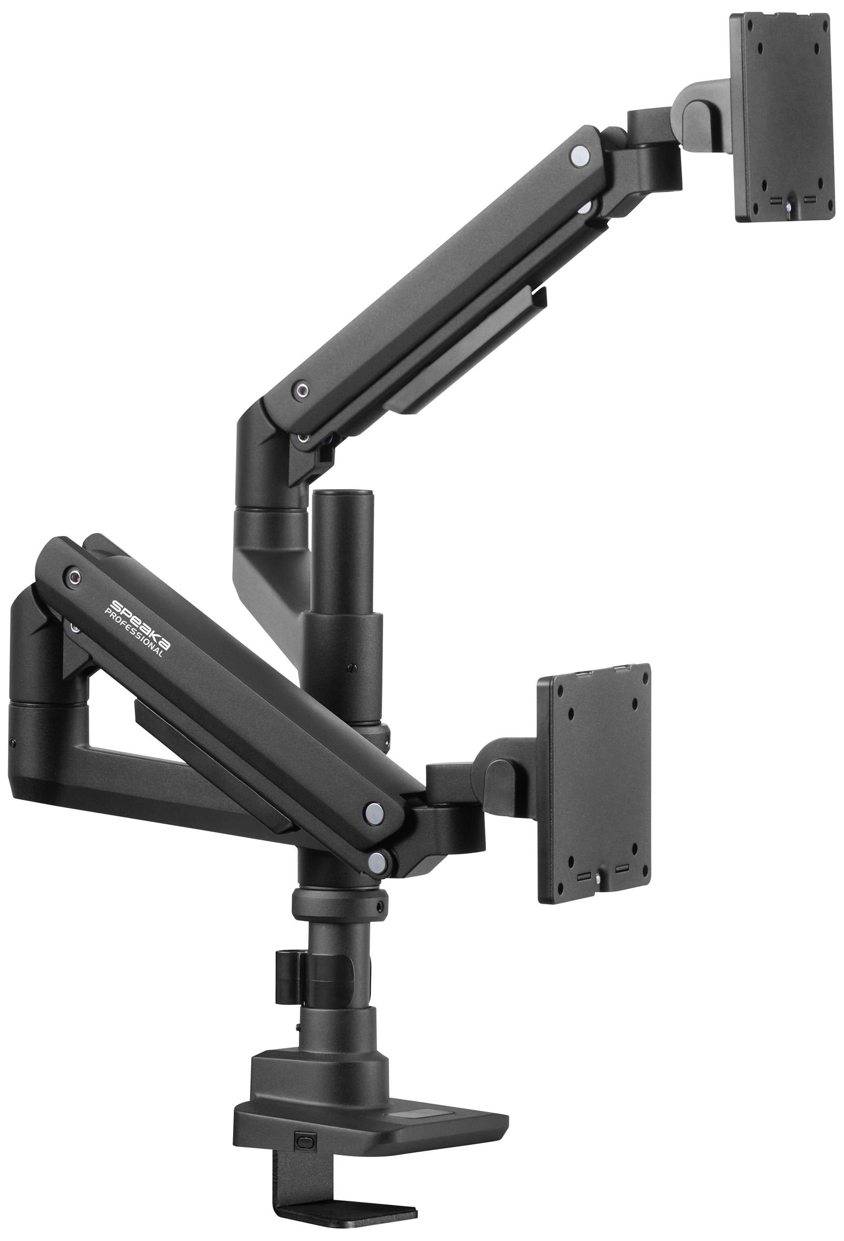 Zwei schwarze Monitorarme mit verstellbaren Gelenken und Befestigungsklammern, geeignet für die flexible Positionierung von Bildschirmen.