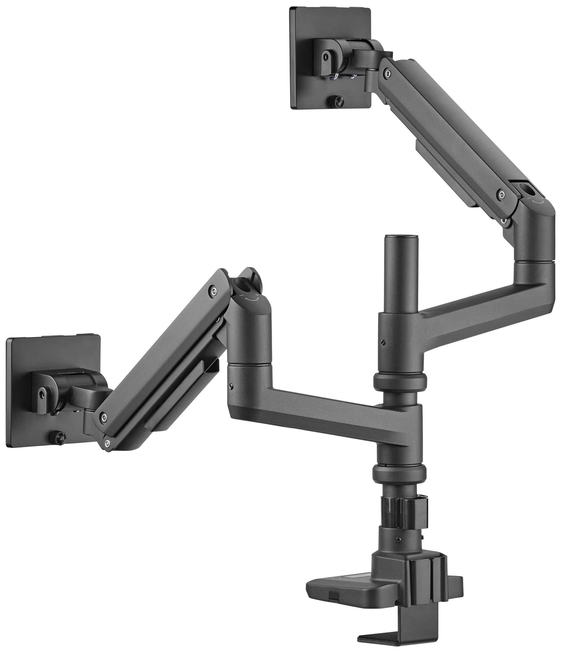 Ein verstellbarer Monitorarm mit mehreren Gelenken, geeignet zur Befestigung an einem Tisch, ermöglicht flexible Bildschirmpositionierung.