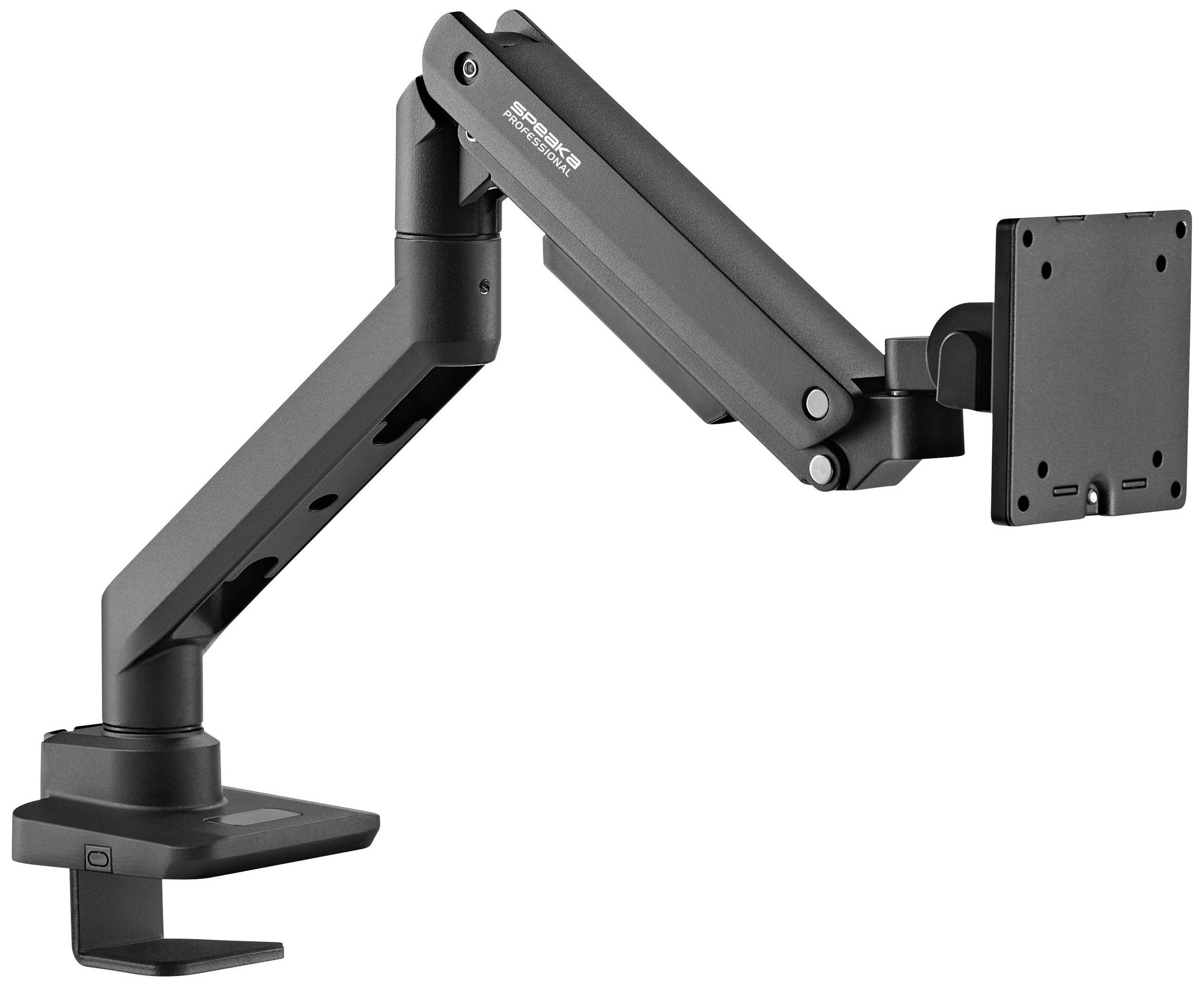 Ein ergonomischer Monitorarm in Schwarz mit mehreren Gelenken, montierbar auf einem Schreibtisch, für flexible Bildschirmpositionierung.