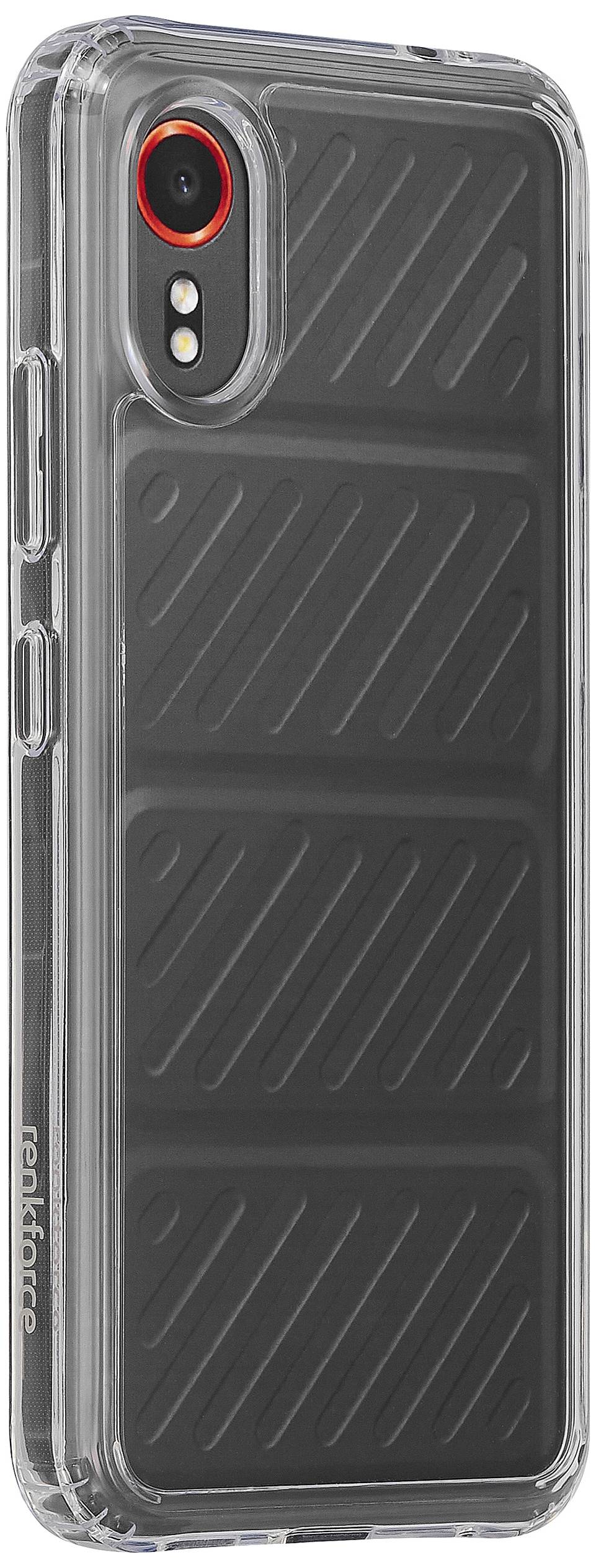 Transparente Handyhülle mit schwarzen, gerillten Akzenten. Rückseitenkamera und Logo sichtbar. Designed für Schutz und Stil.