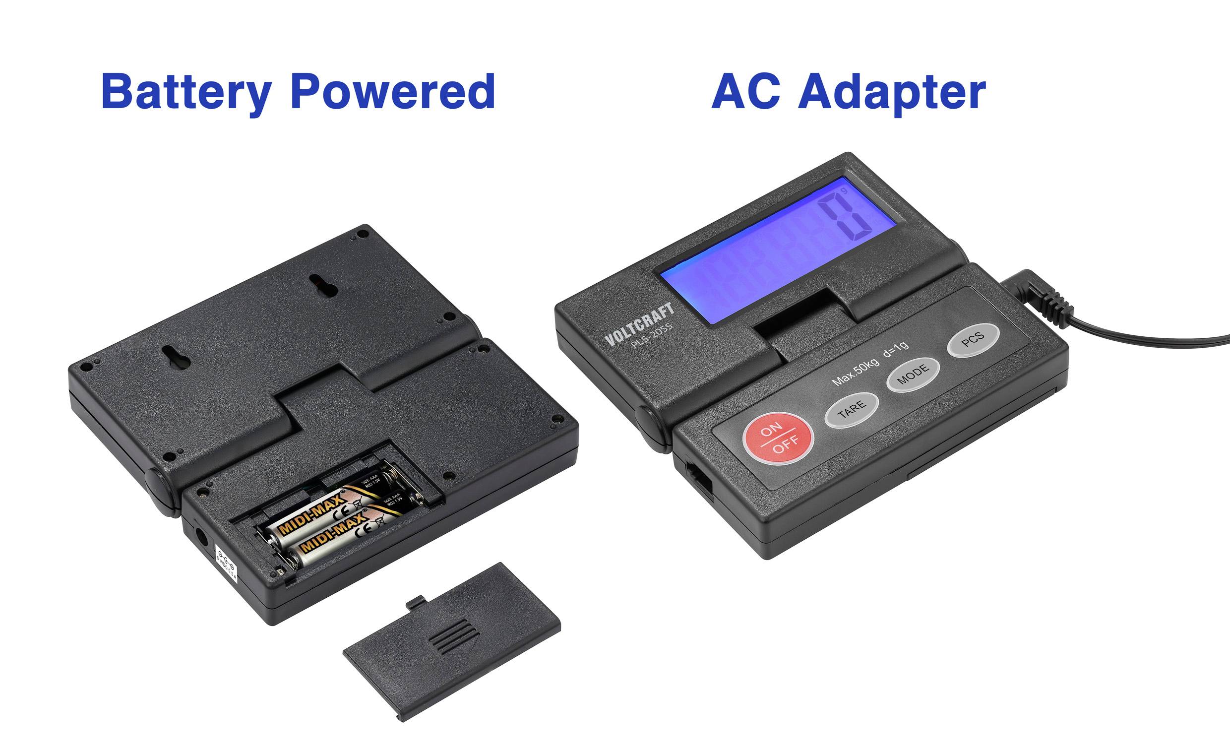 'Polcraft Mini-UPS-150E-Netzteil' mit zwei Betriebsmodi: Batteriebetrieb und Netzadapter. Zeigt Display und Tasten für Steuerung.