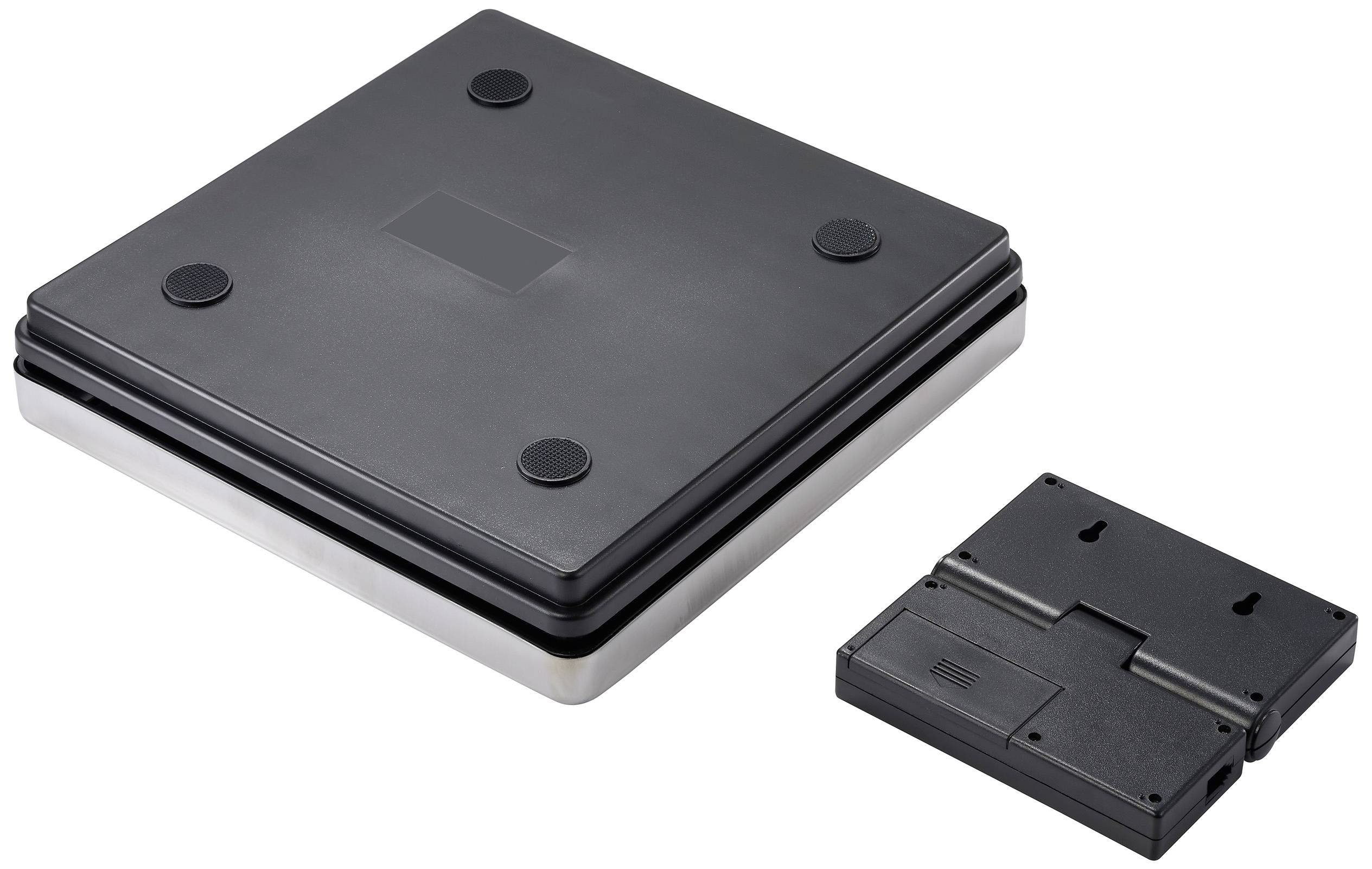 Eine schwarze digitale Personenwaage mit einer beiseite gelegten Batterieabdeckung.