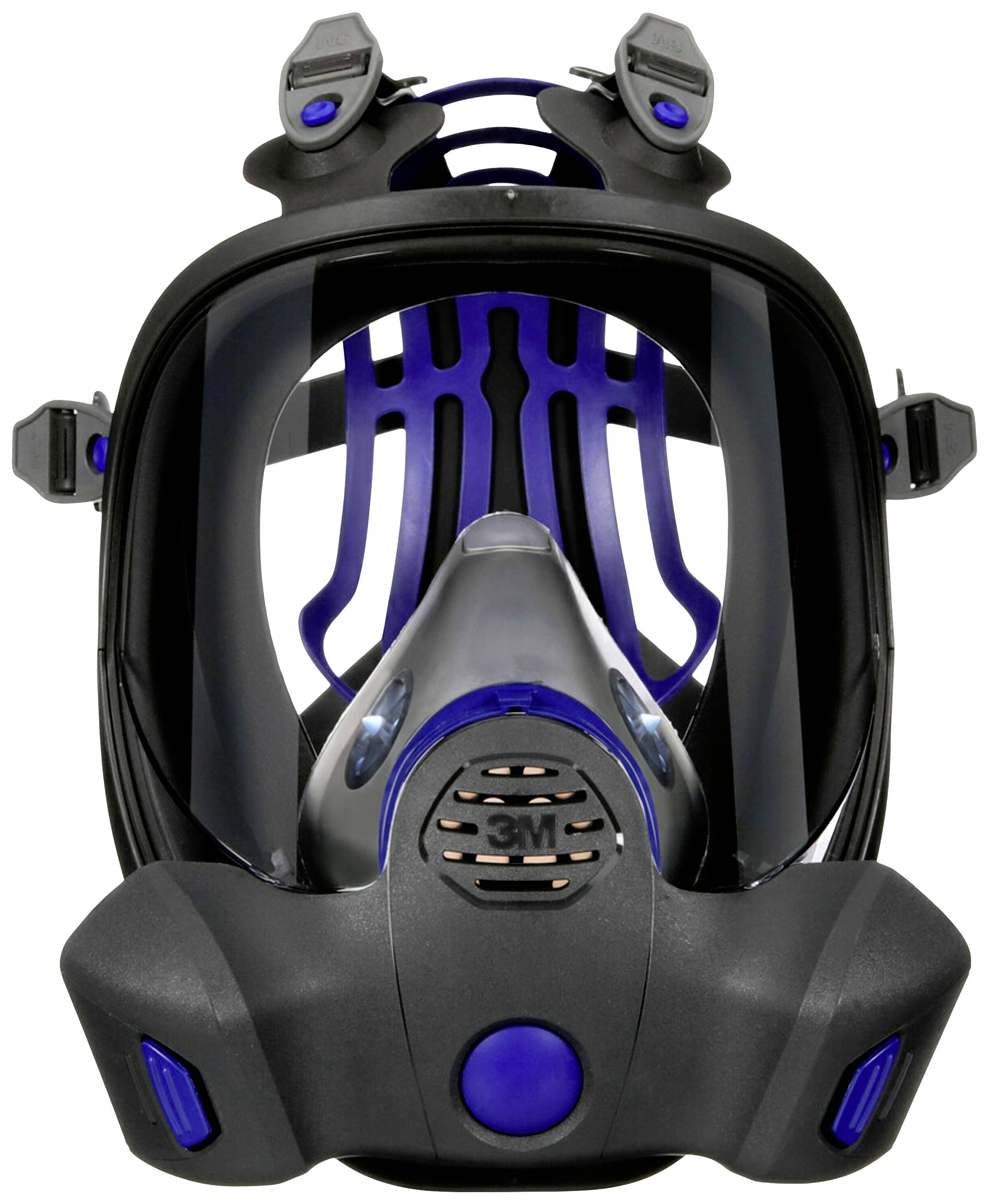 Schwarze Atemschutzmaske mit blauen Akzenten und durchsichtiger Front, für industrielle Sicherheit und Schutz vor Schadstoffen.