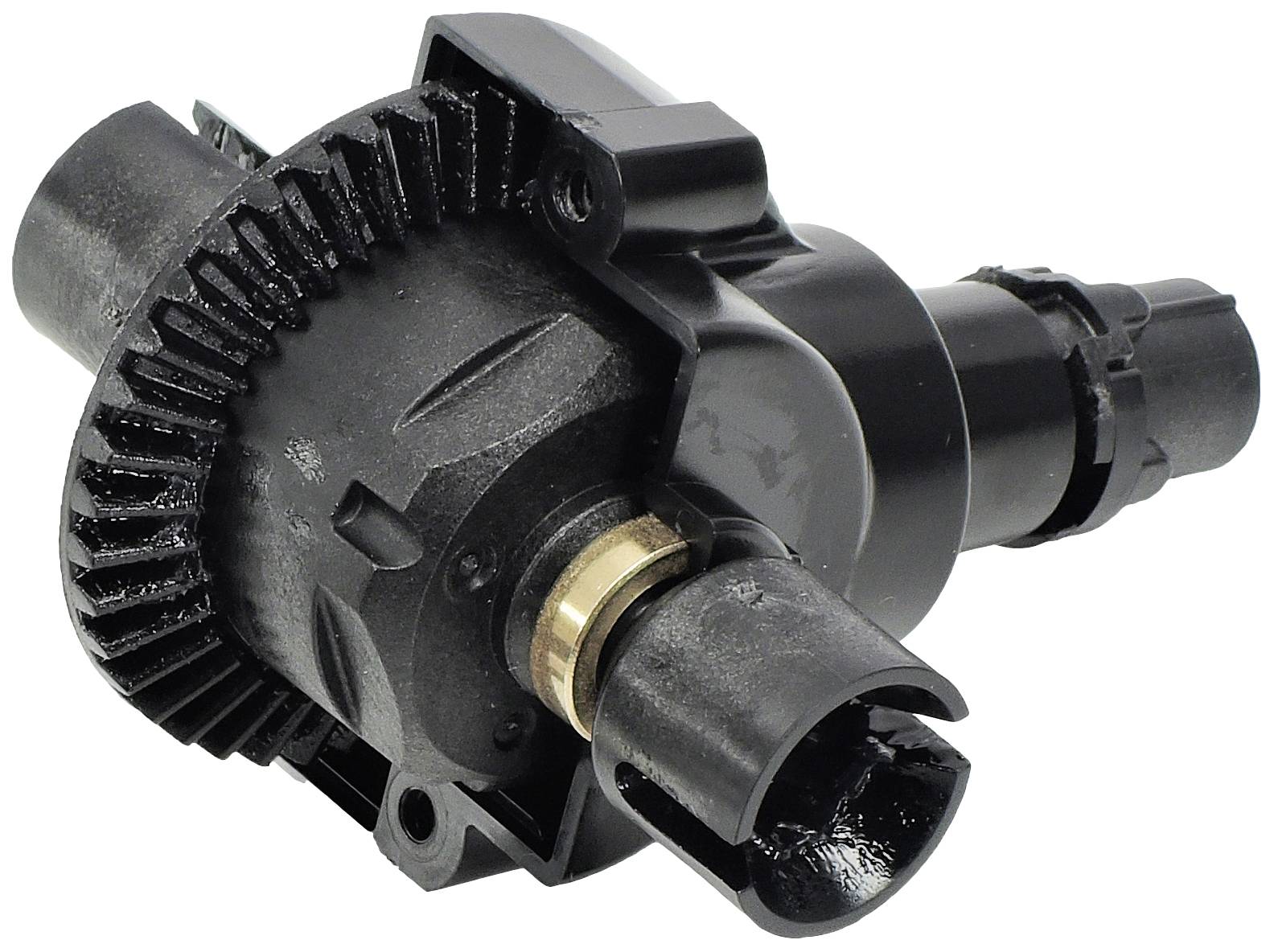 Schwarzes mechanisches Bauteil, wahrscheinlich ein Teil eines Motors oder Getriebes, mit Zahnradstruktur und metallischem Anschluss.