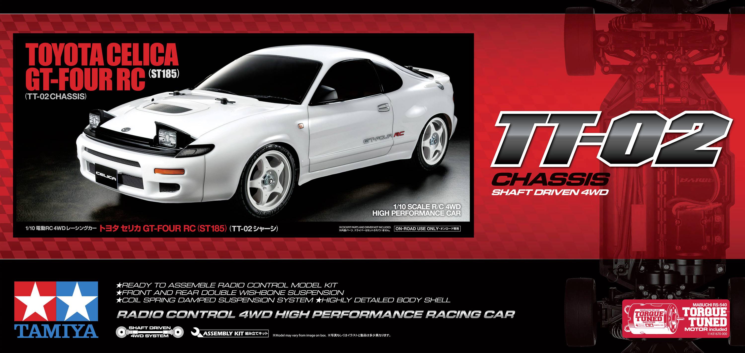 'TT-02 Chassis' und 'Toyota Celica GT-Four RC'. Weißes Modellauto mit schwarzen Details. Hervorgehobene Funktionen: RC High Performance, 4WD.