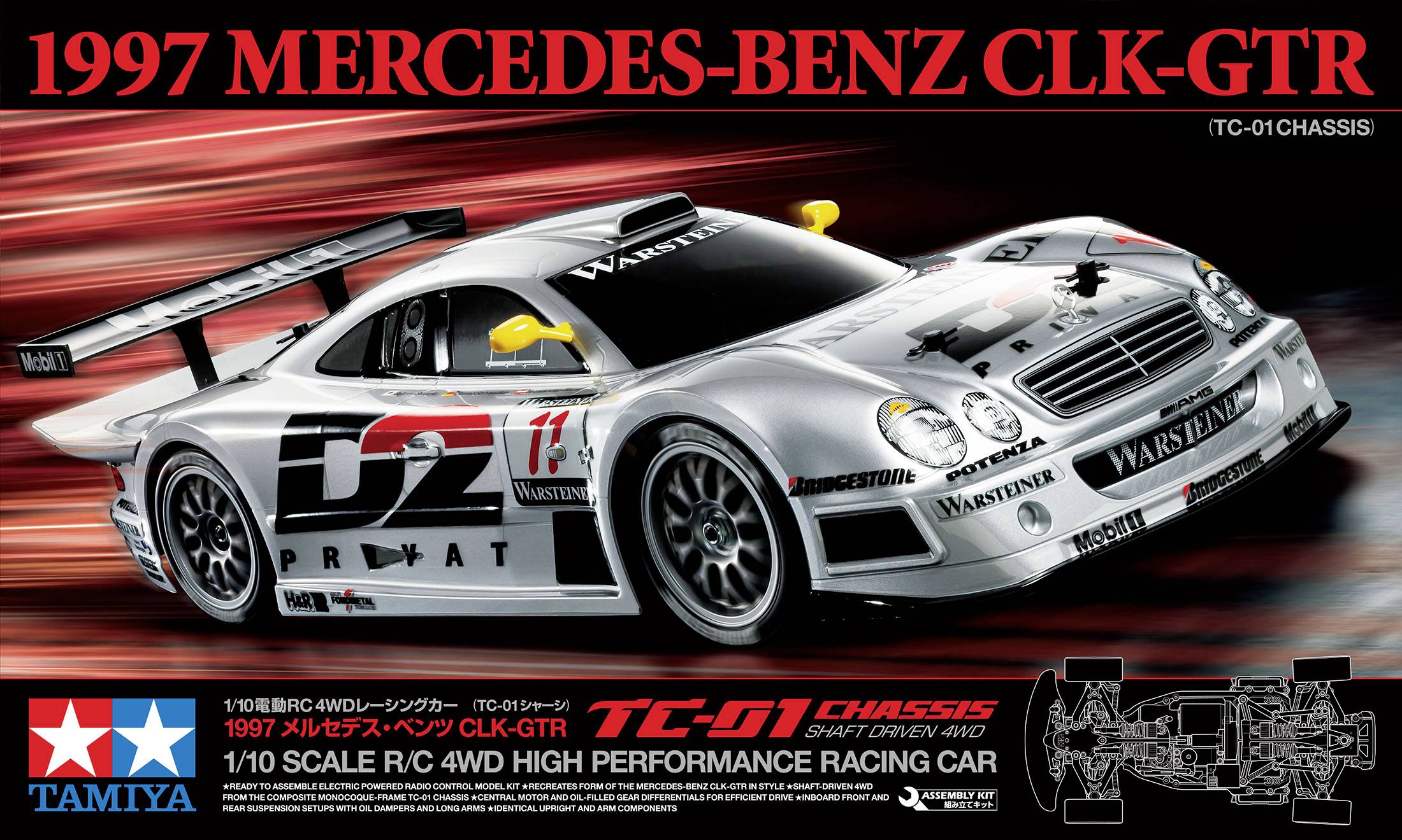 '1997 Mercedes-Benz CLK-GTR': Modellauto von Tamiya im Maßstab 1:10, silberfarben mit Rennaufdruck, auf Verpackung mit technischen Details.