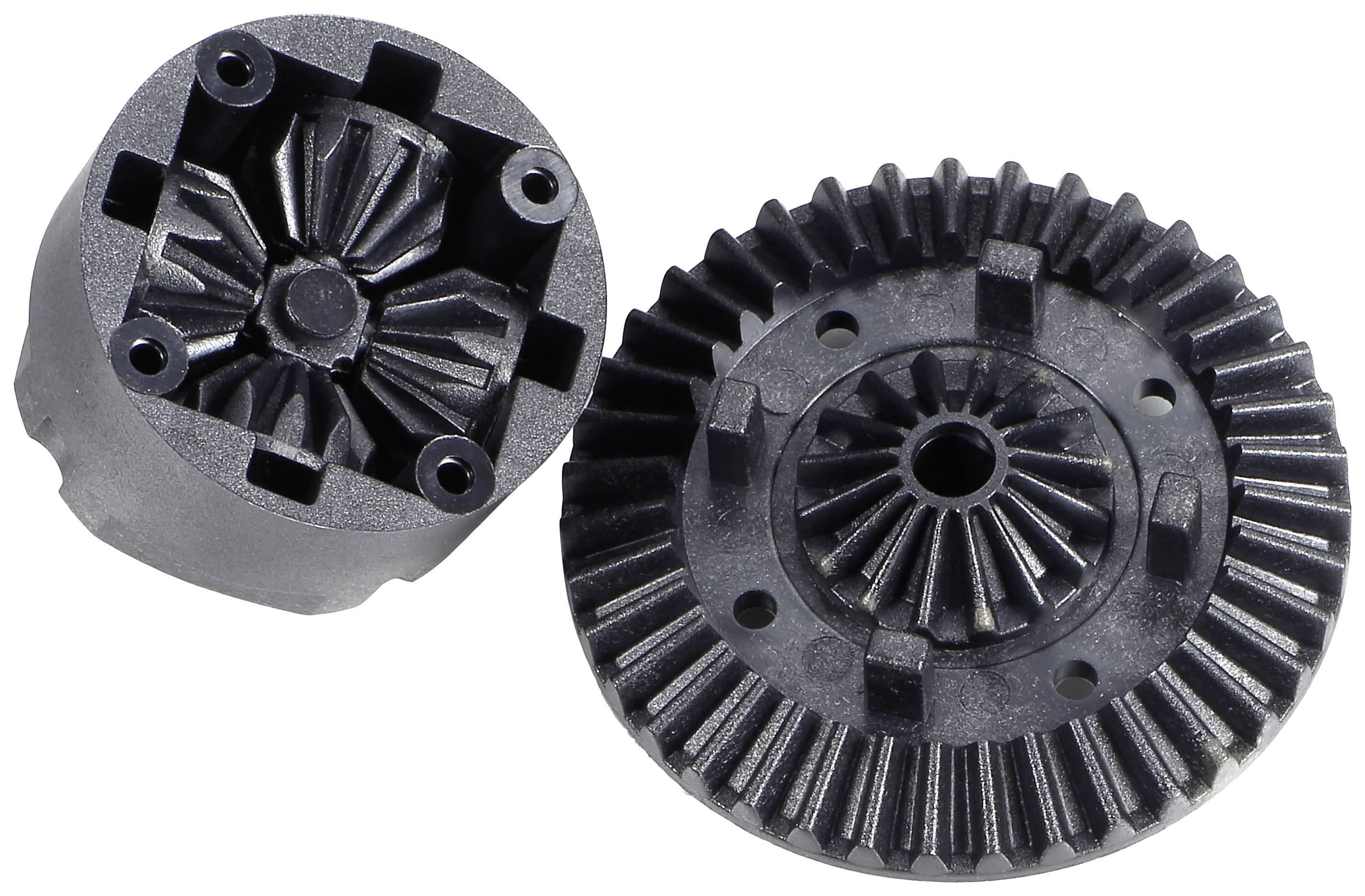 Zwei metallische Zahnradkomponenten: links ein quadratischer Zahnradkasten mit Kegelrädern, rechts eine runde, gezahnte Scheibe.