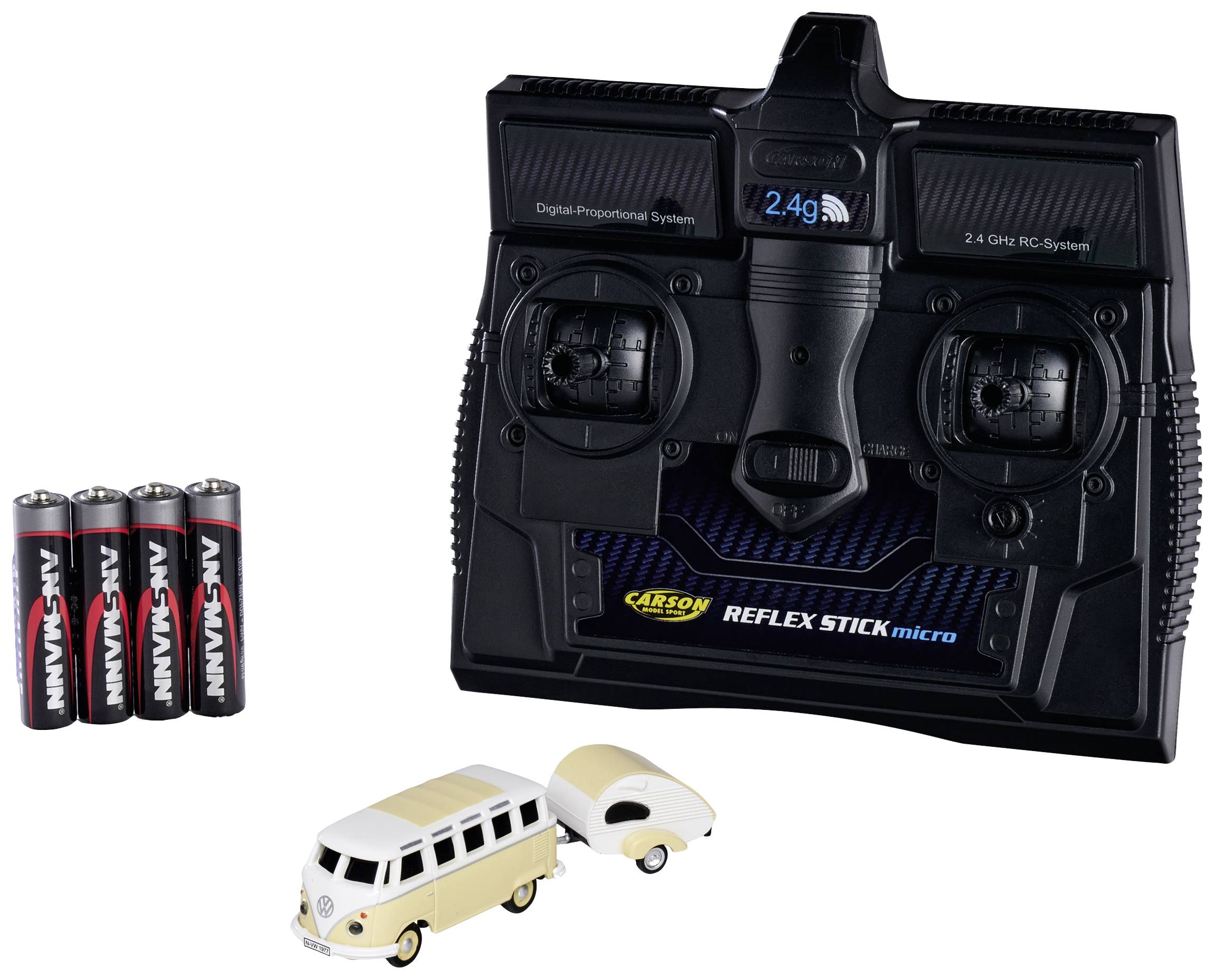 Carson Modellsport 500504164 VW T1 SambaBus mit Wohnwagen 1:87 RC Modellauto Elektro Straßenmodell