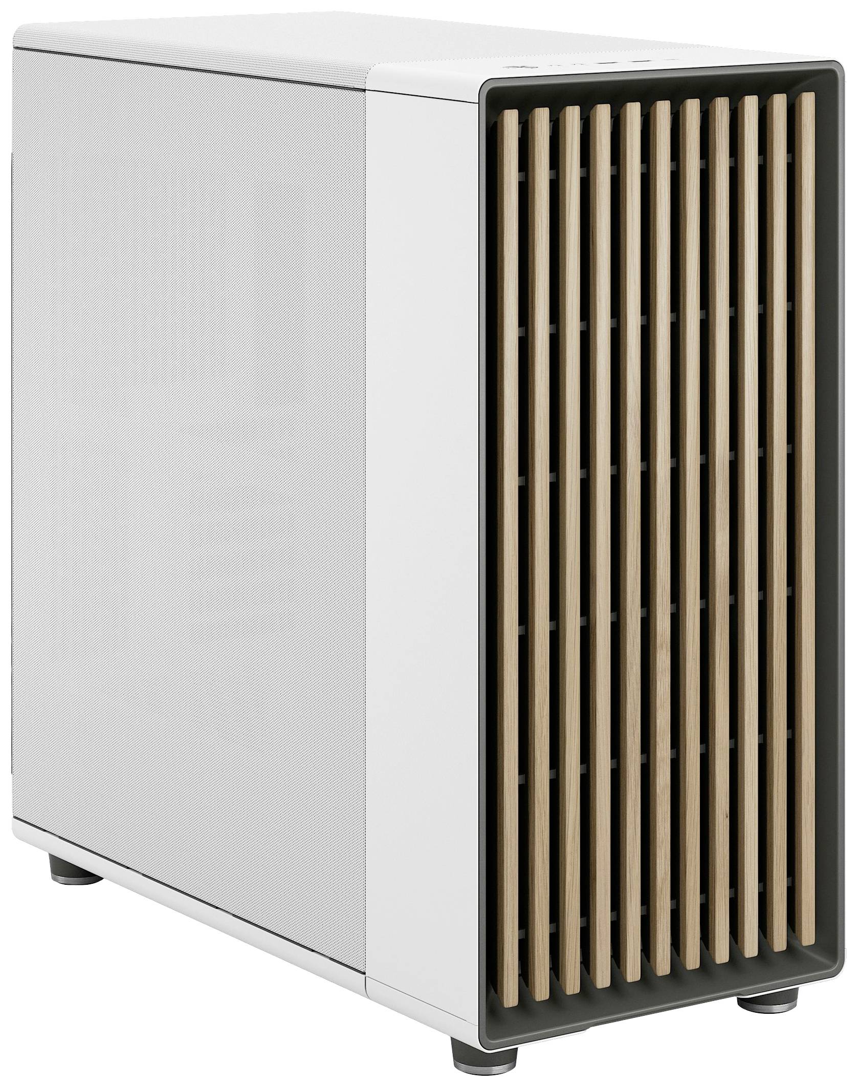 Weißes Computergehäuse mit einer Frontblende aus senkrechten Holzlamellen und seitlicher Sichtscheibe, modernes Design.