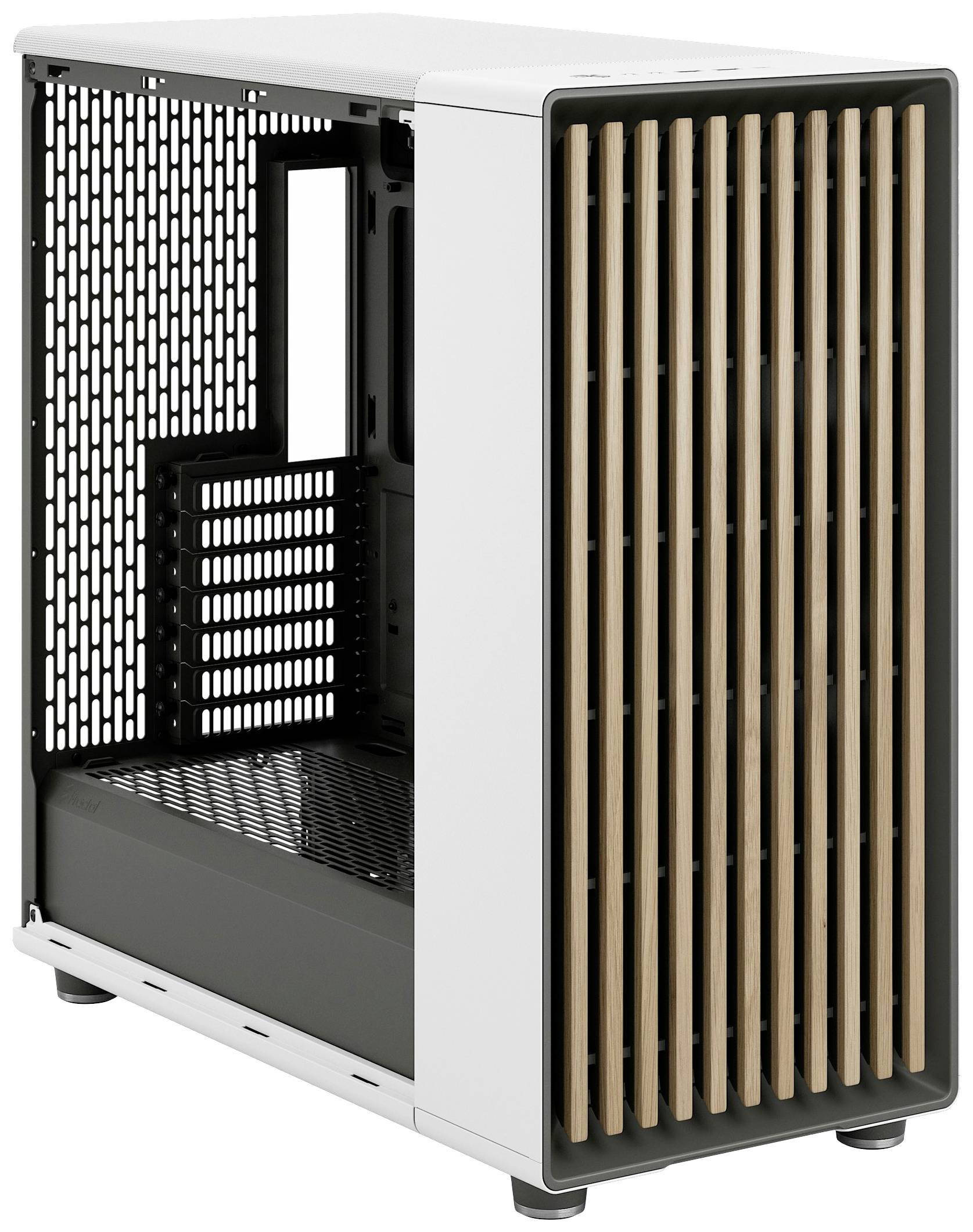 Metallisches Computergehäuse mit modernem, luftdurchlässigem Design und markanter Holzgitter-Front. Geeignet für PC-Komponenten.