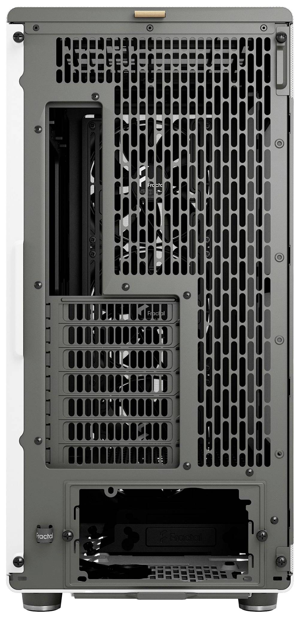 Rückseite eines Computergehäuses mit Lüftungsgittern, mehreren Erweiterungsslots und Netzteilöffnung unten.