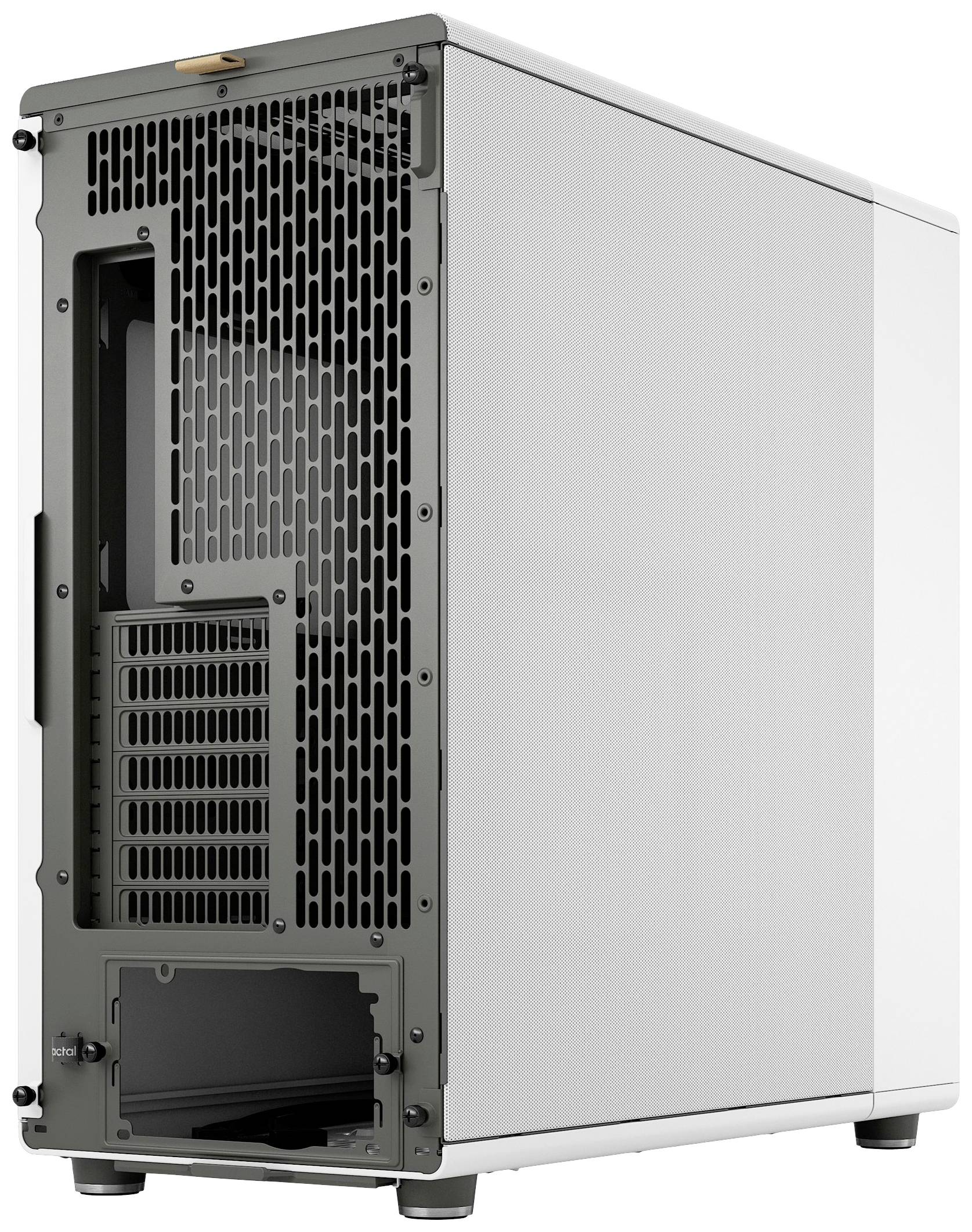 Ein Computergehäuse in Metalloptik, Ansicht von hinten. Es hat eine gitterartige Belüftung und Platz für Anschlüsse auf der Rückseite.