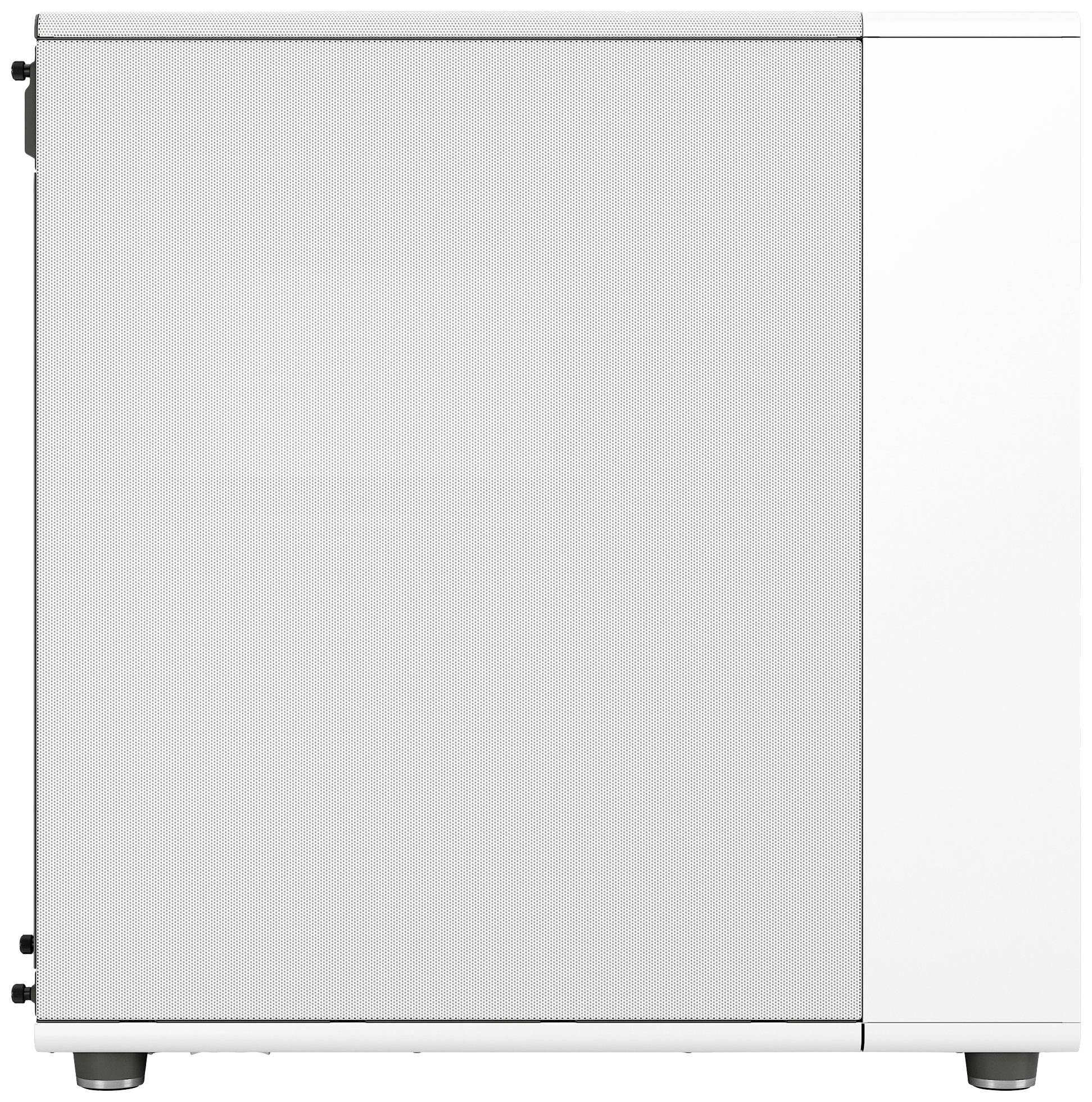 Ein weißer, minimalistisch gestalteter Computergehäuse-Tower mit einem geschlossenen Frontpanel und seitlichem Belüftungsgitter.