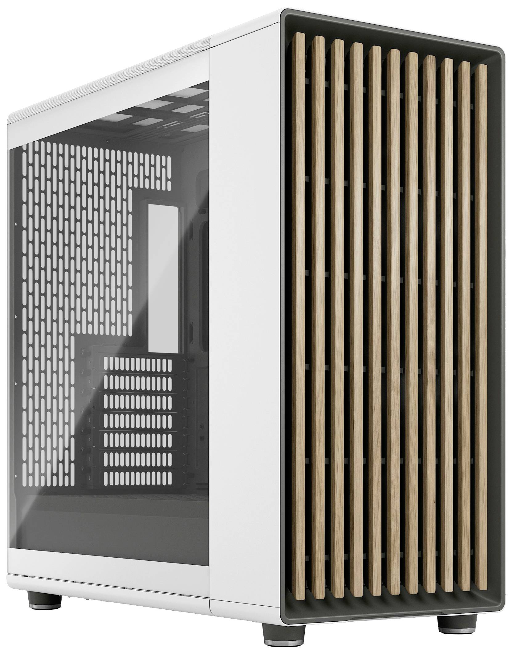Ein weißes PC-Gehäuse mit durchsichtiger Seitenwand und einem Holzlamellengitter an der Vorderseite, geeignet für Heimcomputer.