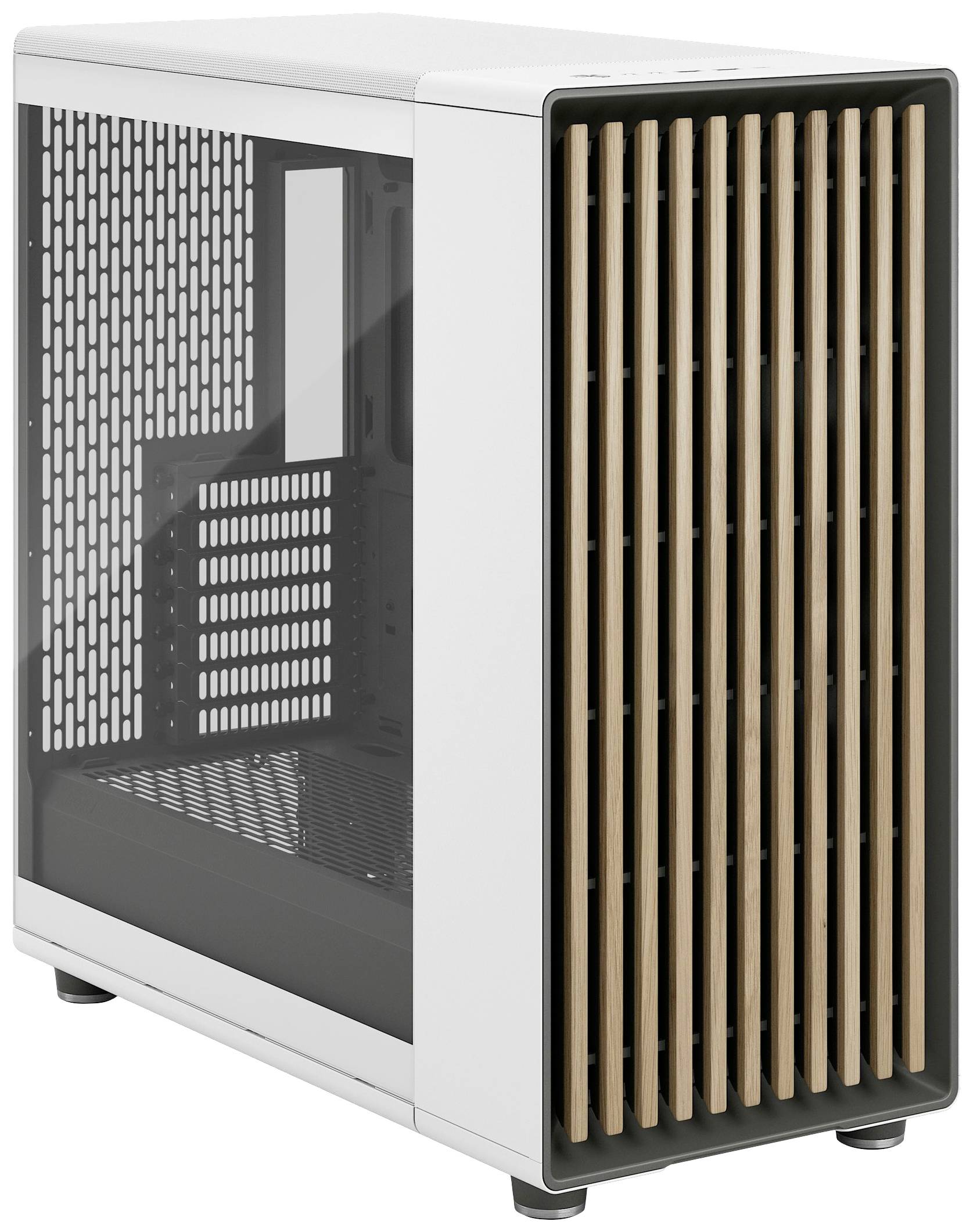 Ein PC-Gehäuse mit weißem Rahmen und Holzgitter-Frontplatte. Sichtfenster an der Seite zeigt das Innere. Minimalistisches Design.