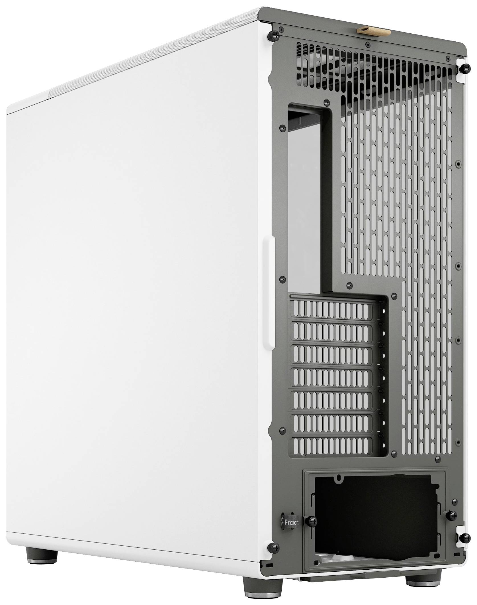 Ein weißes Computergehäuse mit offenem Rückenteil, mehreren Lüftungsschlitzen und Steckplätzen für Computerkomponenten.