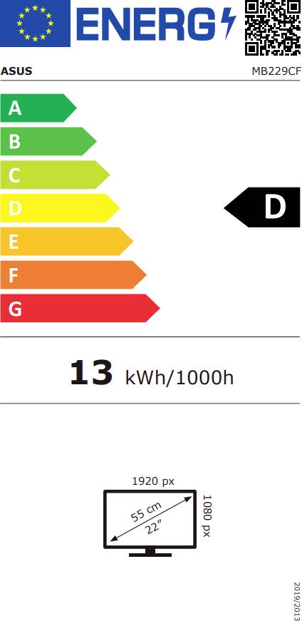 EU Energieeffizienzklasse D, 13 kWh/1000h, Bildschirmgröße 55 cm (22 Zoll), 1920x1080 px Auflösung.