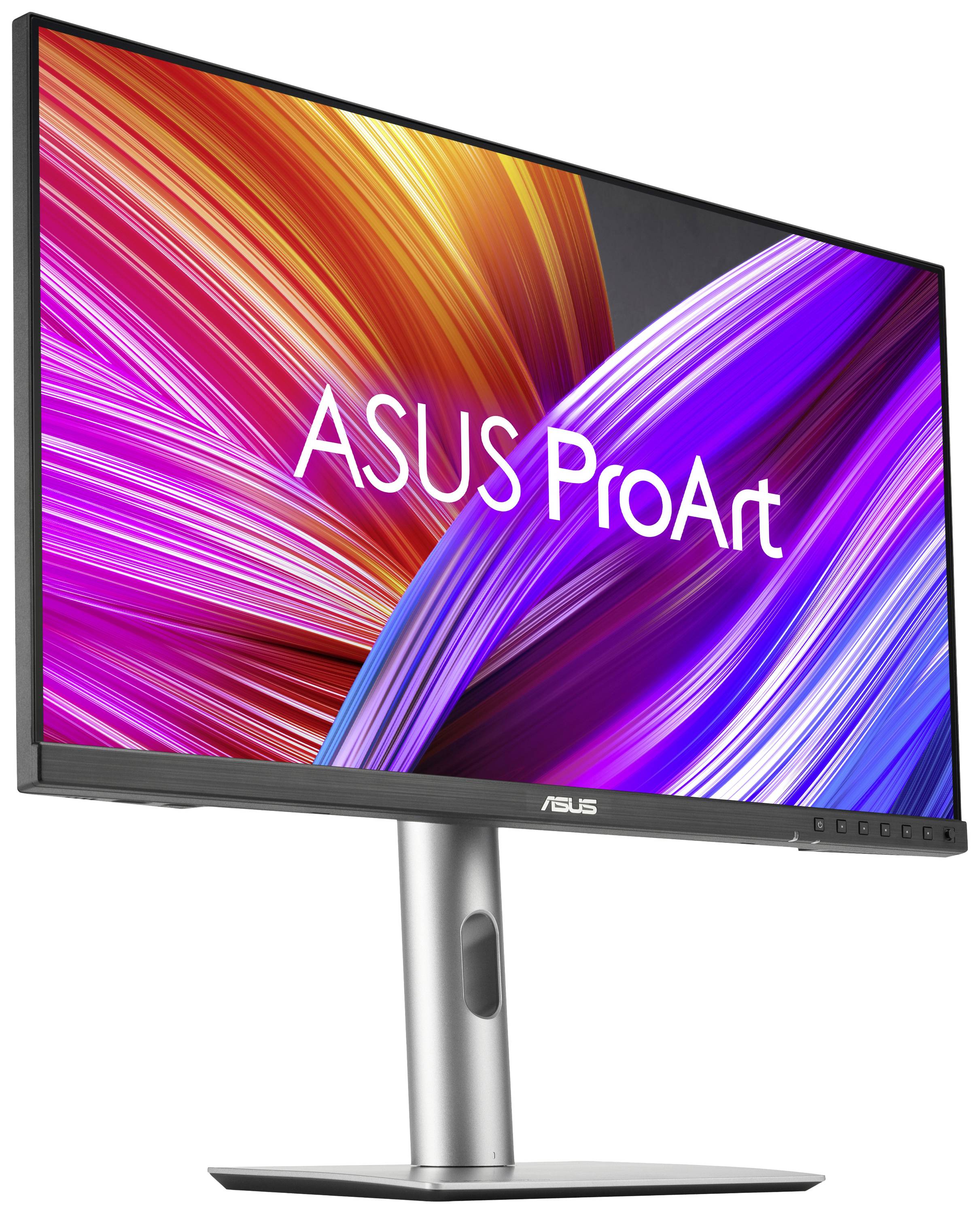 Monitor mit lebhaftem, farbigem Display und der Aufschrift 'ASUS ProArt'. Design in modernem Schwarz mit silbernem Standfuß.