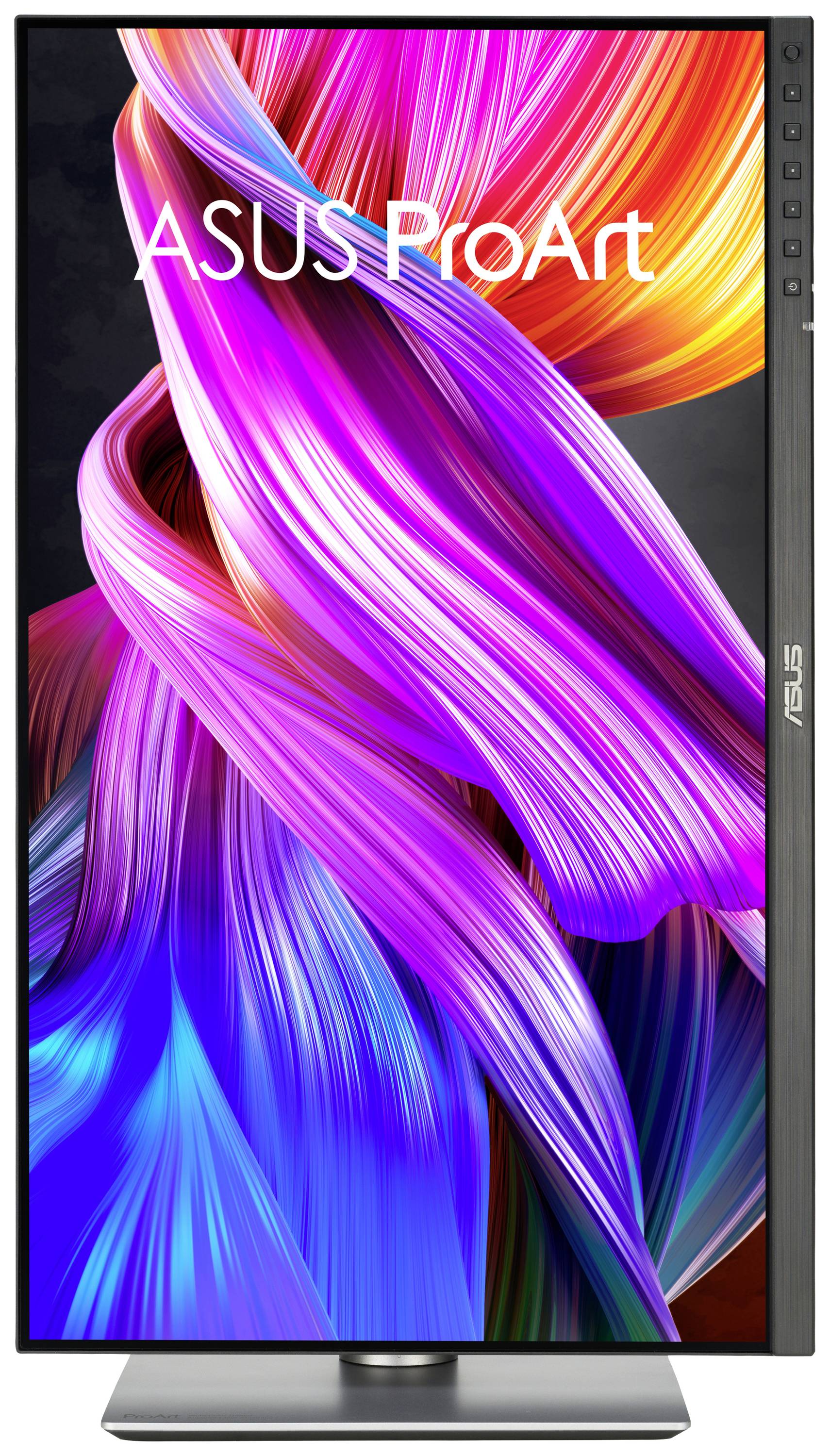 Ein Monitor mit der Aufschrift 'ASUS ProArt' zeigt ein lebhaftes, farbenfrohes Muster, das Kreativität und Design hervorhebt.