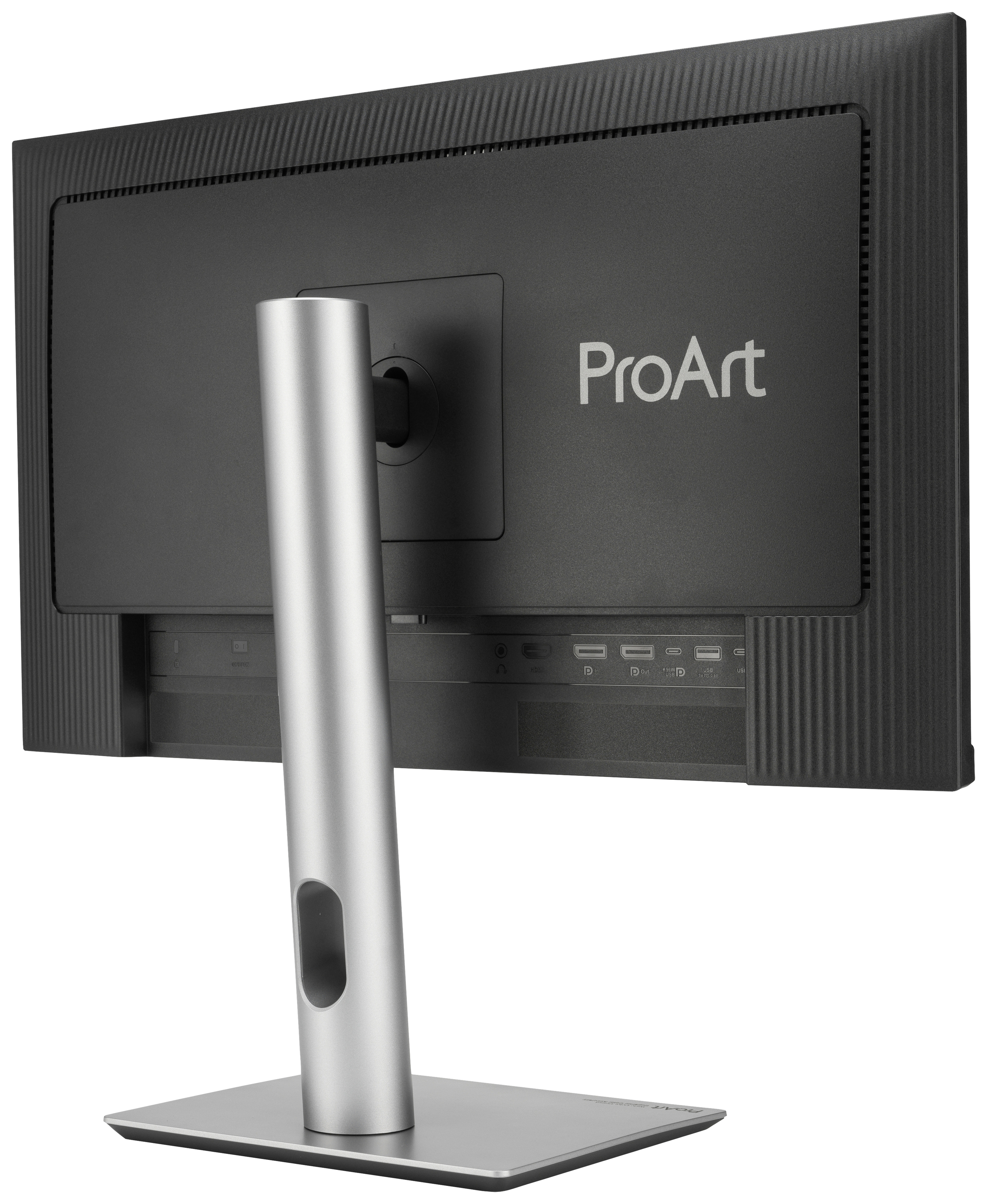 Rückseite eines Computermonitors der Marke ProArt mit einem silbernen Standfuß. Sichtbar sind diverse Anschlussmöglichkeiten.