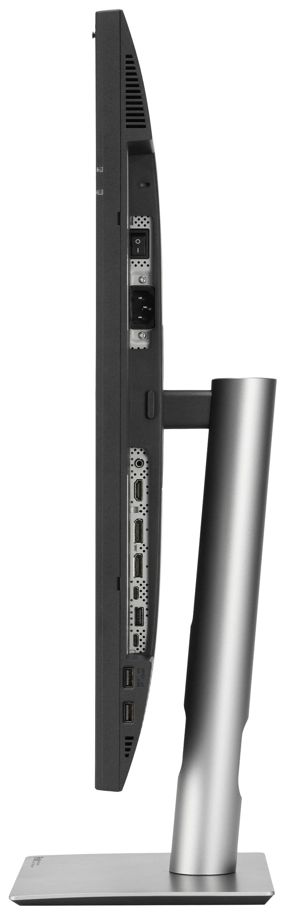 Seitenansicht eines Computerbildschirms mit schlankem Design und variabler Standfußhöhe. Anschlüsse auf der Rückseite sichtbar.