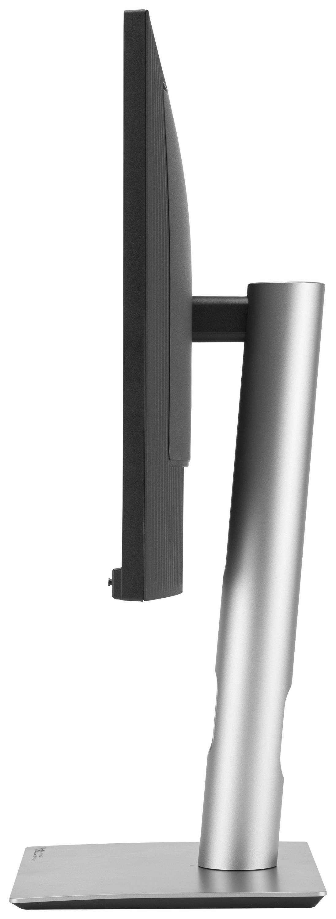 Ein Flachbildschirm in Seitenansicht auf einem silbernen Standfuß, Bild zeigt schlankes und modernes Design des Monitors.