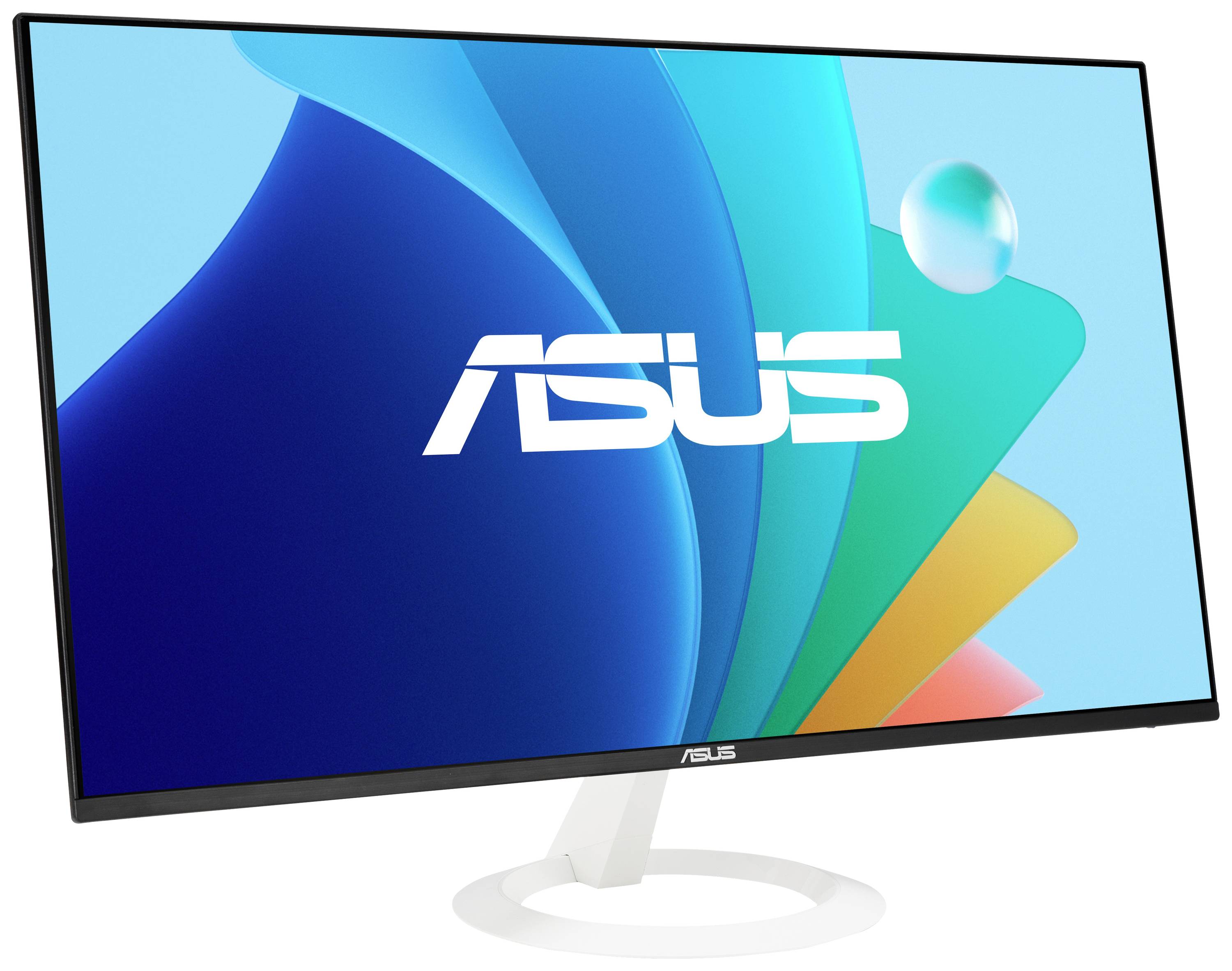 Ein Monitor mit weißem Standfuß, schwarzem Rahmen und dem Asus-Logo auf dem Bildschirm, vor buntem Hintergrund.