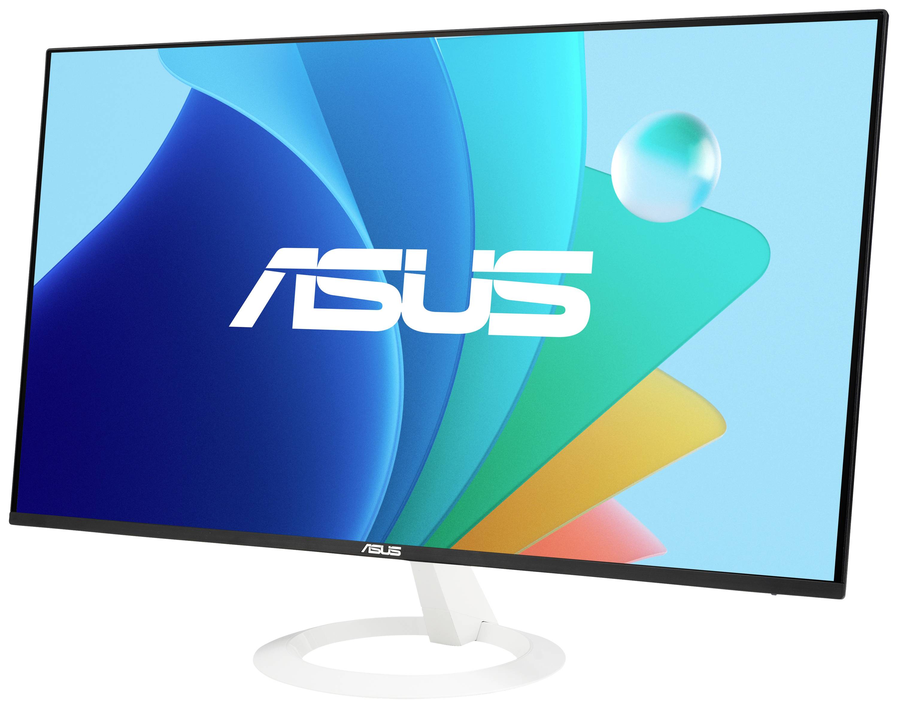 Ein ASUS-Monitor mit einem großen Display, das das ASUS-Logo zeigt. Der Hintergrund ist abstrakt und bunt gestaltet.