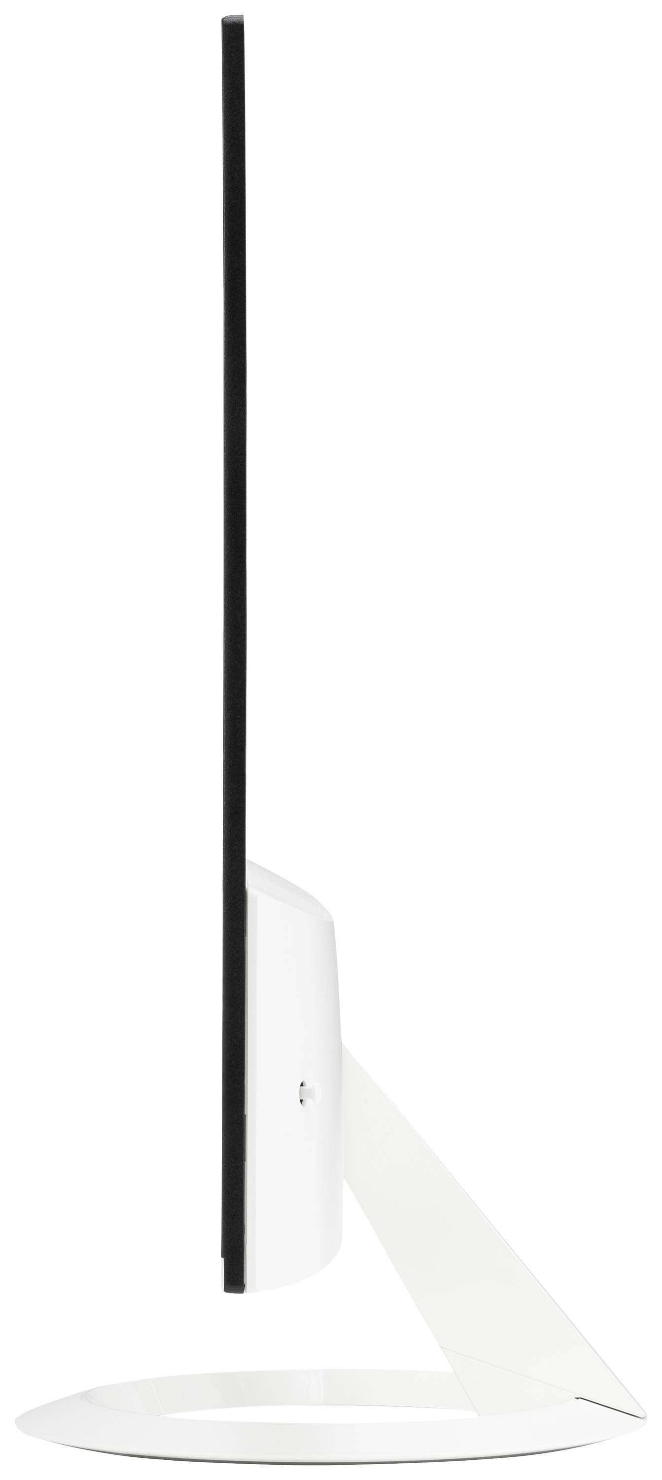 Ein ultradünner schwarzer Flachbildschirm auf weißem Ständer, Seitenansicht.