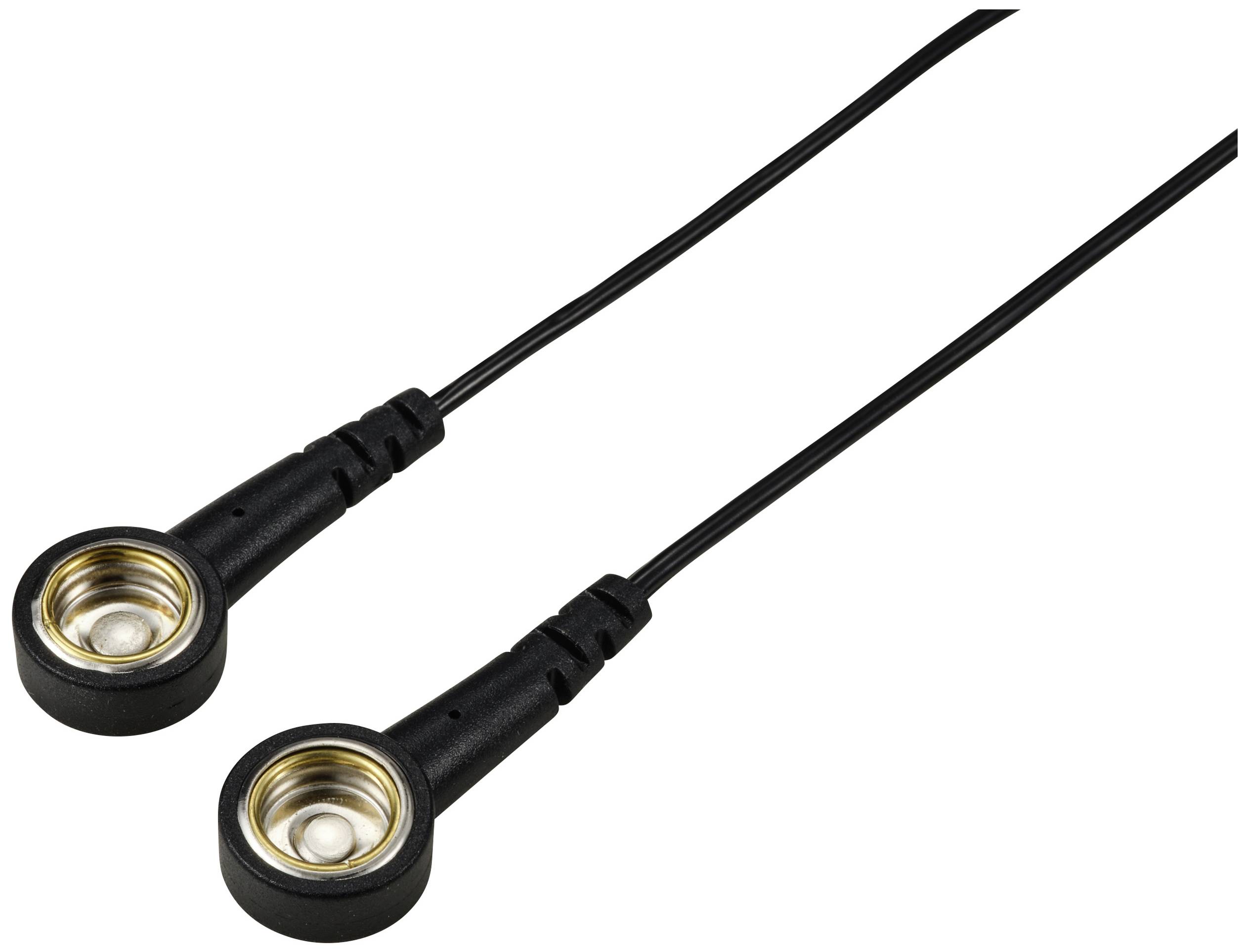 Zwei schwarze Kabel mit runden, metallischen Anschlüssen an den Enden. Anschlusskabel für elektronische Geräte.