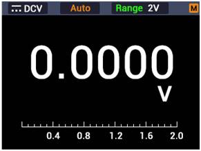 Digitales Multimeter-Display zeigt 0,0000 Volt. Modus DCV, Bereich 2V. Autoeinstellung aktiviert. Skala von 0,0 bis 2,0.