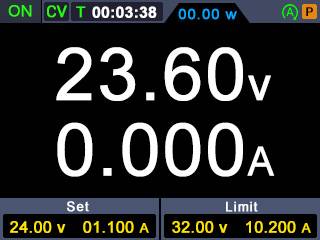 Anzeige eines Messgeräts: Spannung 23,60 V und Strom 0,000 A. Einstellungen: 24,00 V, 01,100 A. Limite: 32,00 V, 10,200 A.
