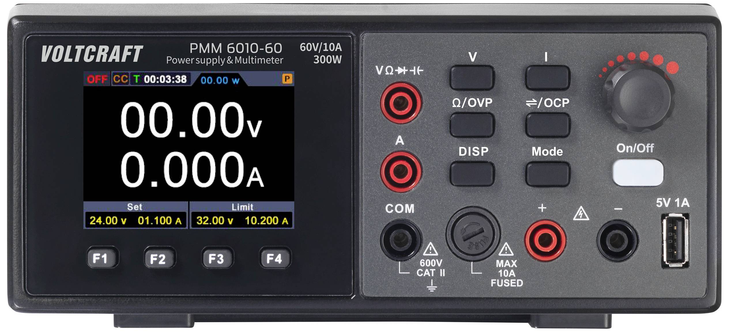 'Voltcraft PMM 6010-60' Netzteil und Multimeter mit digitalem Display zeigt '0.00 V' und '0.00 A'. Mehrere Bedienelemente und Anschlüsse rechts.