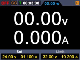 Bildschirm einer Stromversorgung: Spannung 0,00V, Stromstärke 0,000A. Einstellungen: 24,00V, 1,100A. Begrenzung: 32,00V, 10,200A. Laufzeit 3:38.