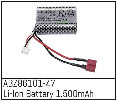 Li-Ion-Akku mit 7,4V und 1500mAh. Hersteller: Absima GmbH. Modell: ABZ86101-47. Anschlüsse und Kabel sichtbar.