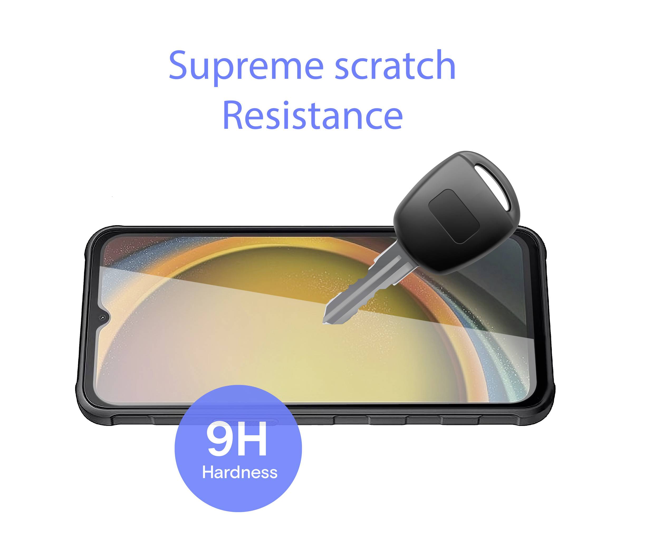 Ein Smartphone mit Displayschutzfolie wird von einem Schlüssel touchiert, um die Kratzfestigkeit von 9H Härte zu demonstrieren. Text: 'Supreme scratch Resistance'.