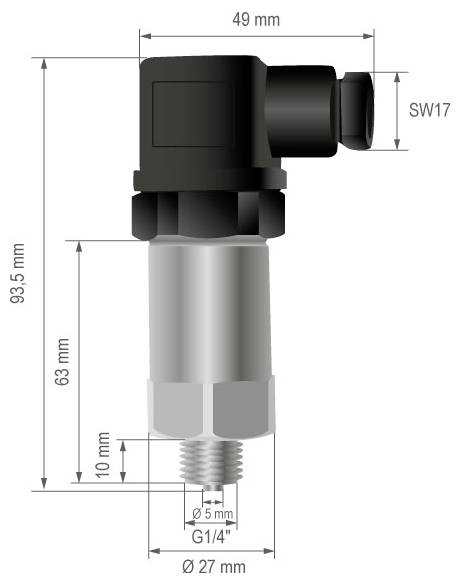 Technische Zeichnung einer Winkelverschraubung mit beschrifteten Abmessungen: 93,5 mm Höhe, 49 mm Breite, G1/4 Gewinde, 27 mm Durchmesser, SW17 Schlüsselweite.