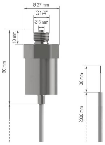 Technische Zeichnung eines zylindrischen Sensors oder einer Sonde mit Gewinde oben, gekennzeichnet mit G1/4