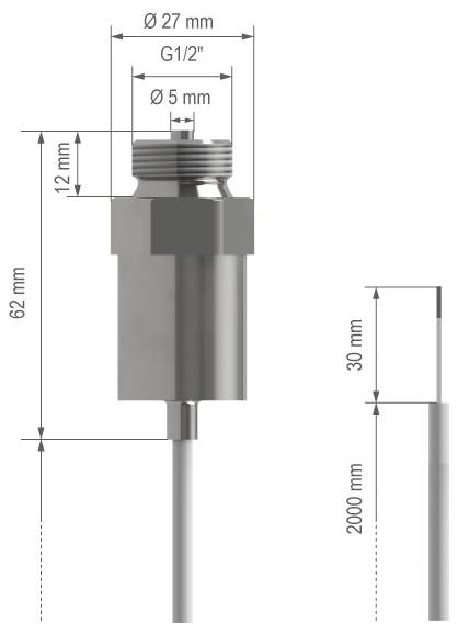 Technische Zeichnung eines zylindrischen Messfühlers mit Gewinde an der Oberseite und Kabelzuleitung, mit folgenden Abmessungen: 27 mm Durchmesser, G1/2 Gewinde, 5 mm Öffnung, 62 mm Gehäuse, 2000 mm Kabel.