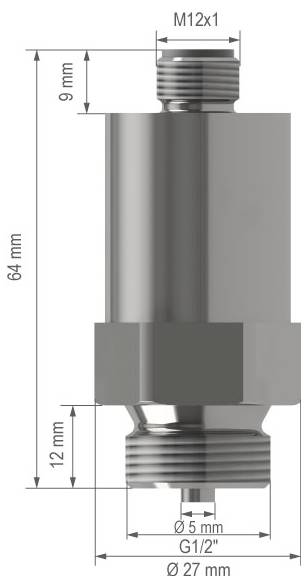 Maßzeichnung eines zylindrischen Gewinde-Adapters mit oben M12x1 Außengewinde und unten G1/2 Außengewinde; 64 mm hoch, 27 mm Durchmesser.