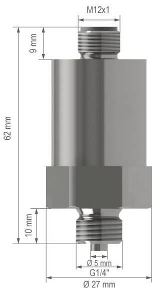 Technische Zeichnung einer zylindrischen Metallarmatur mit männlichen M12x1-Gewinden, 62 mm Gesamtlänge, 27 mm Durchmesser und 5 mm G1/4-Ende.