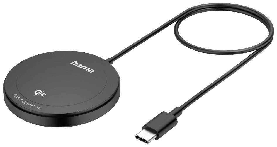 Kabelloses Ladegerät von Hama mit USB-C-Anschluss, rundes Design, markiert mit 'qi' und 'FAST CHARGE', geeignet für schnelles Laden.