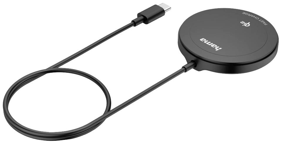 Schwarzes, rundes drahtloses Ladegerät der Marke Hama mit USB-C-Anschlusskabel. Geeignet für schnelles induktives Laden.