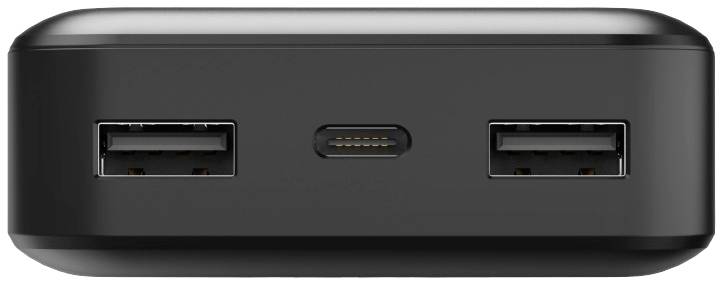 Ein schwarzer, rechteckiger Ladegerät mit zwei USB-A- und einem USB-C-Anschluss auf der Vorderseite.