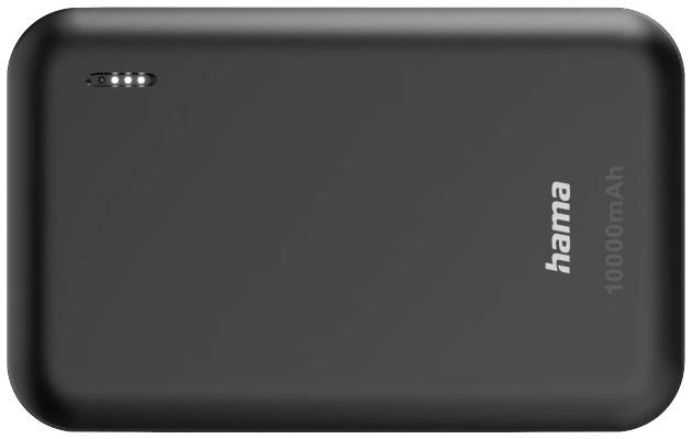Powerbank mit der Aufschrift 'Hama' und Kapazität von 10.000 mAh, schwarz, rechteckige Form, seitliche LED-Anzeige für Ladestatus.